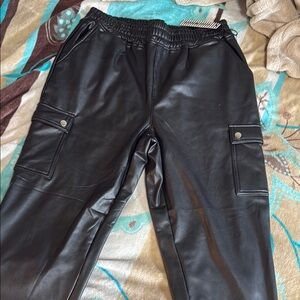 Black Faux Leather Cargo Pants